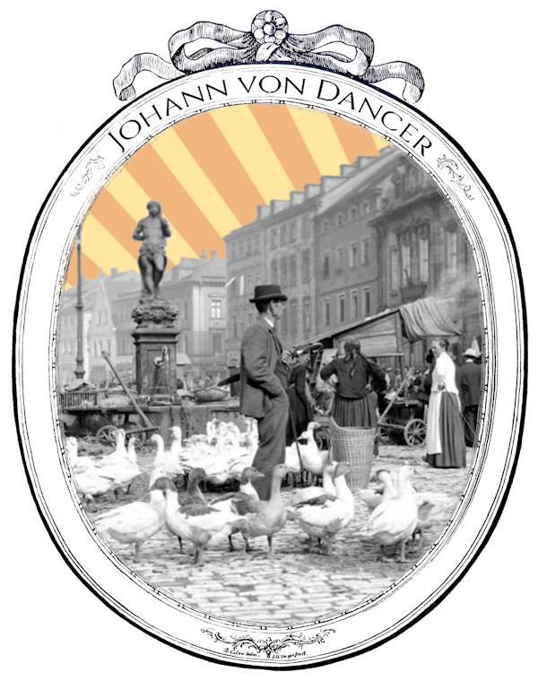 Johann von Dancer staying at the main square in his city Bayreuth around the year 1900 in the middle of some goose. Obove the housefront on the right coloured sun is rising.