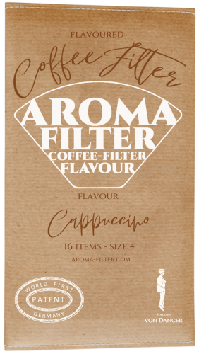Aroma Filter Coffee Filter Flavour packaging front side of the flavour Cappuccino. Johann von Dancer Logo and Patent showing.