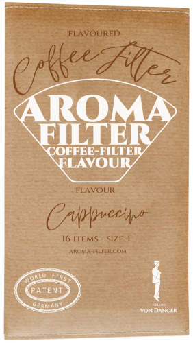 AF_16_en_Cappuccino_front2 Aroma Filter Coffee Filter Flavour packaging front side of the flavour Cappuccino. Johann von Dancer Logo and Patent showing.