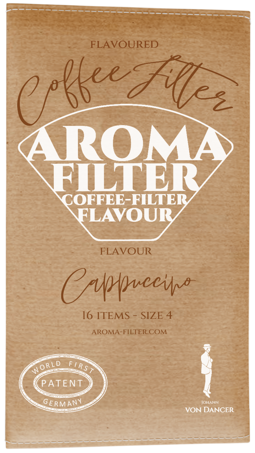 Aroma Filter Coffee Filter Flavour packaging front side of the flavour Cappuccino. Johann von Dancer Logo and Patent showing.