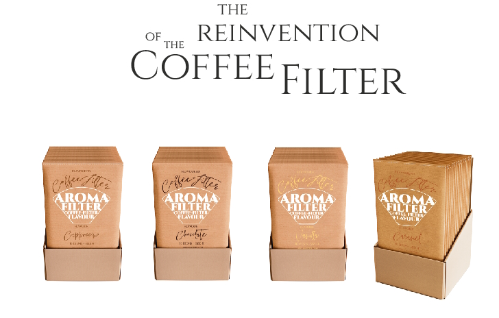 the reinvention of the coffee filter. Aroma Filter Coffee Filter Flavour shelf trays of the taste Caramel, Chocolate, Vanilla and Cappuccino with à 20 packs in it of front view.