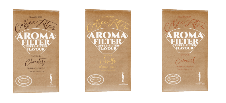Aroma Filter Coffee Filter Flavour packaging front Vanilla, Caramel and Chocolate. Packing paper with the Aroma Filter Logo and the Johann von Dancer Logo and showing the Patented sign.